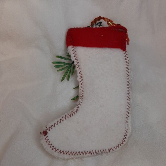 Vtg Miniature 5" Handmade Felt Christmas Stocking Ornament white/ivory/cream - Picture 4 of 6